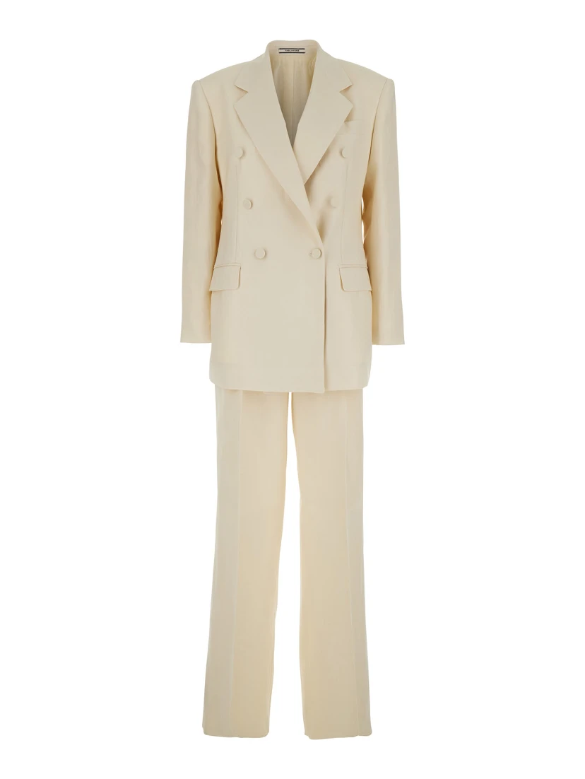 White Double-breasted Suit with Notched Revers in Linen for Women