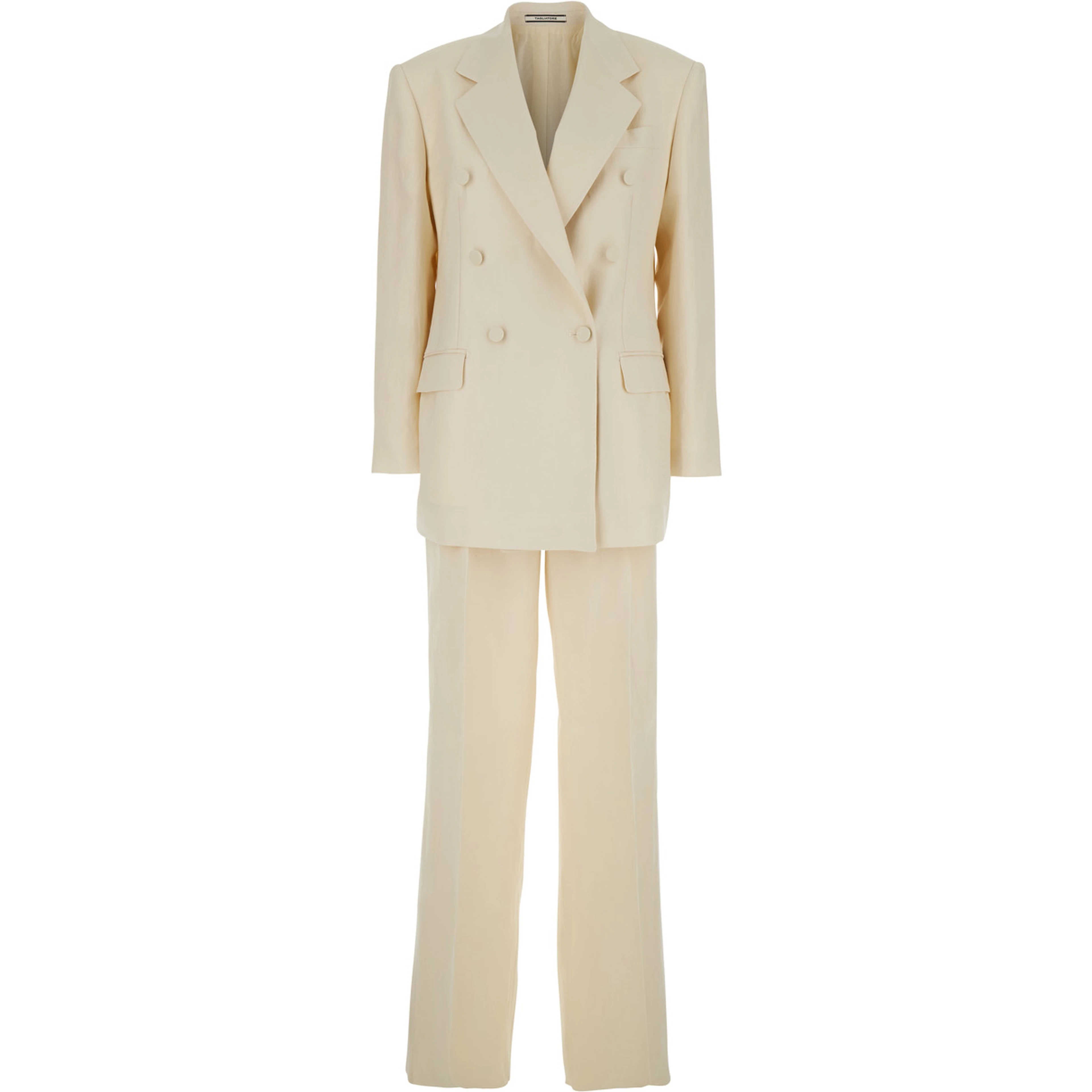 White Double-breasted Suit with Notched Revers in Linen for Women
