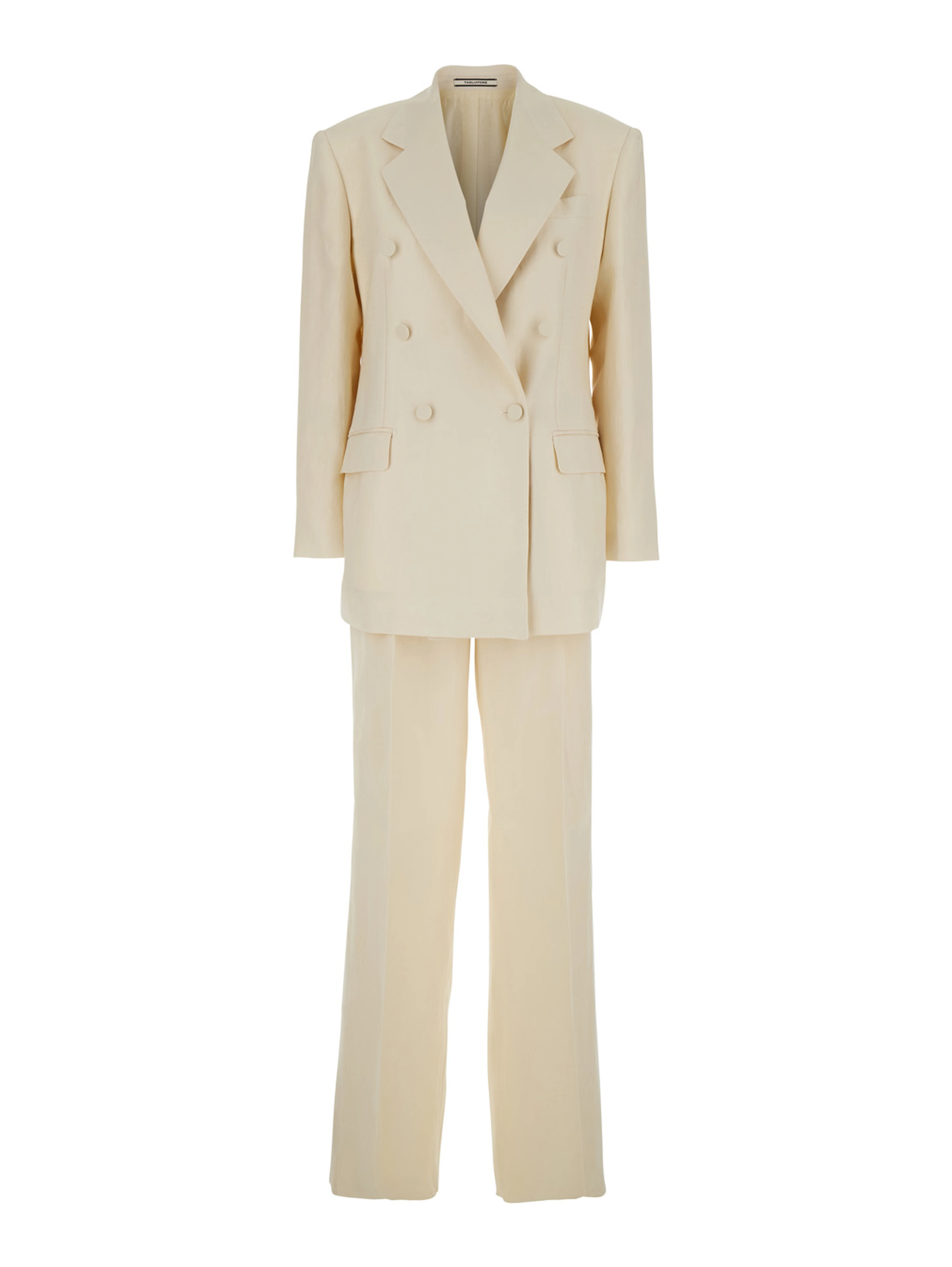 White Double-breasted Suit with Notched Revers in Linen for Women