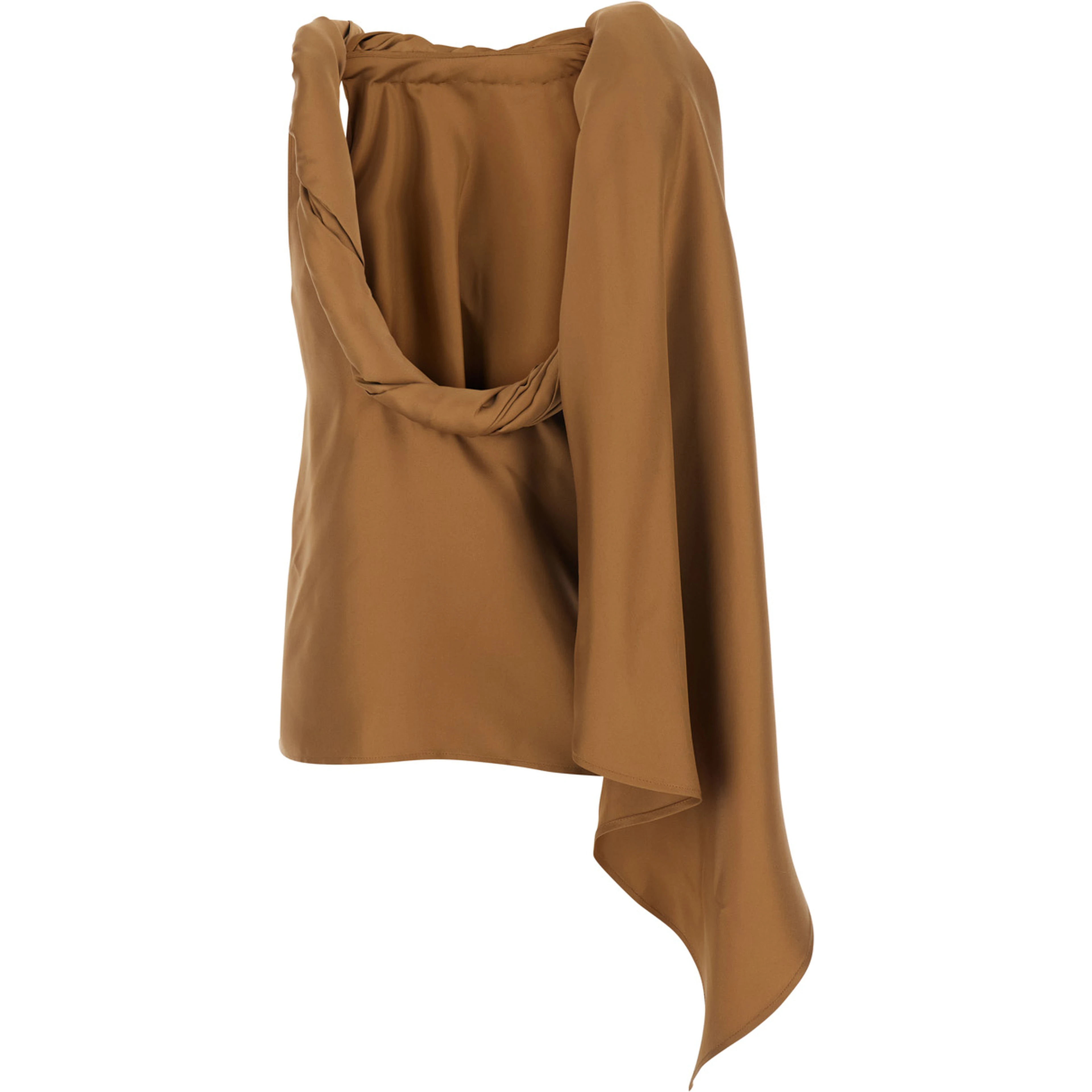 Wilma Brown Crew Neck Top with Scarf Detail and Back Neckline in Silk Women