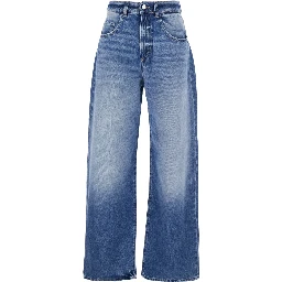 Blue five-pocket jeans with logo patch on the back in denim for women