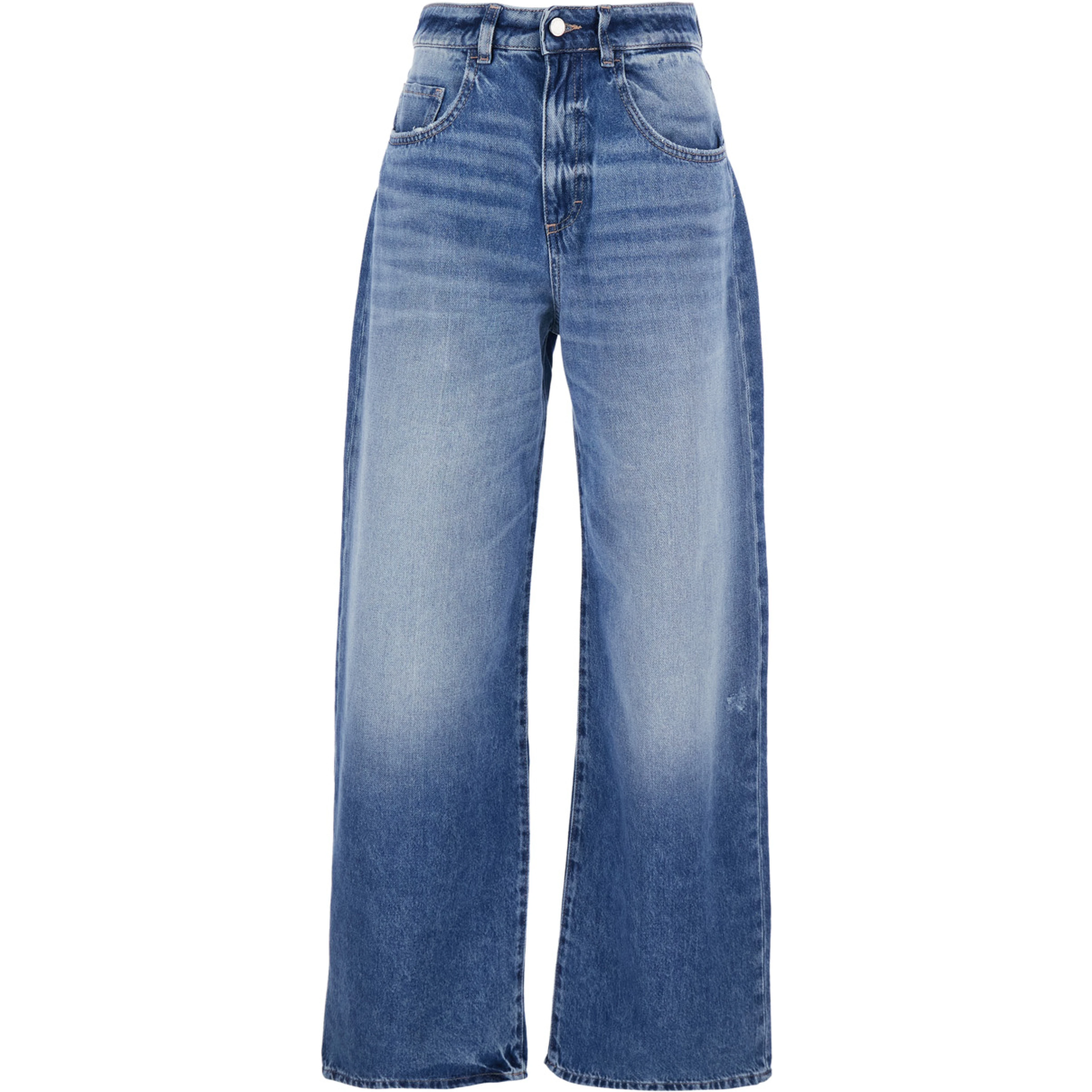 Blue five-pocket jeans with logo patch on the back in denim for women