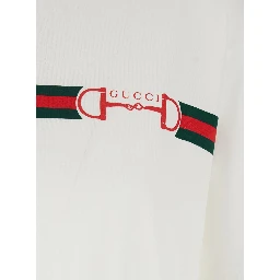White Crew Neck T-Shirt  with Logo Print on Front in Cotton Women