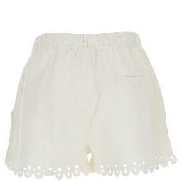 Balyme White Shorts with Elastic Waist and Drawstring and Scalloped Hem in Cotton for Women