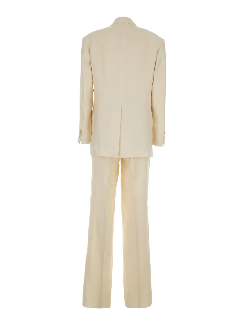 White Double-breasted Suit with Notched Revers in Linen for Women
