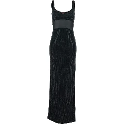 Long Anse Dress with Thin Straps and Applied Rhinestones in Black Tech Fabric