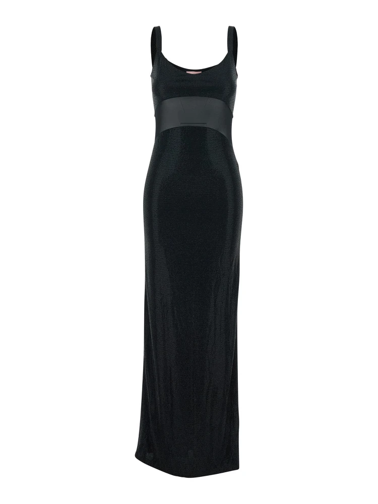 Long Anse Dress with Thin Straps and Applied Rhinestones in Black Tech Fabric