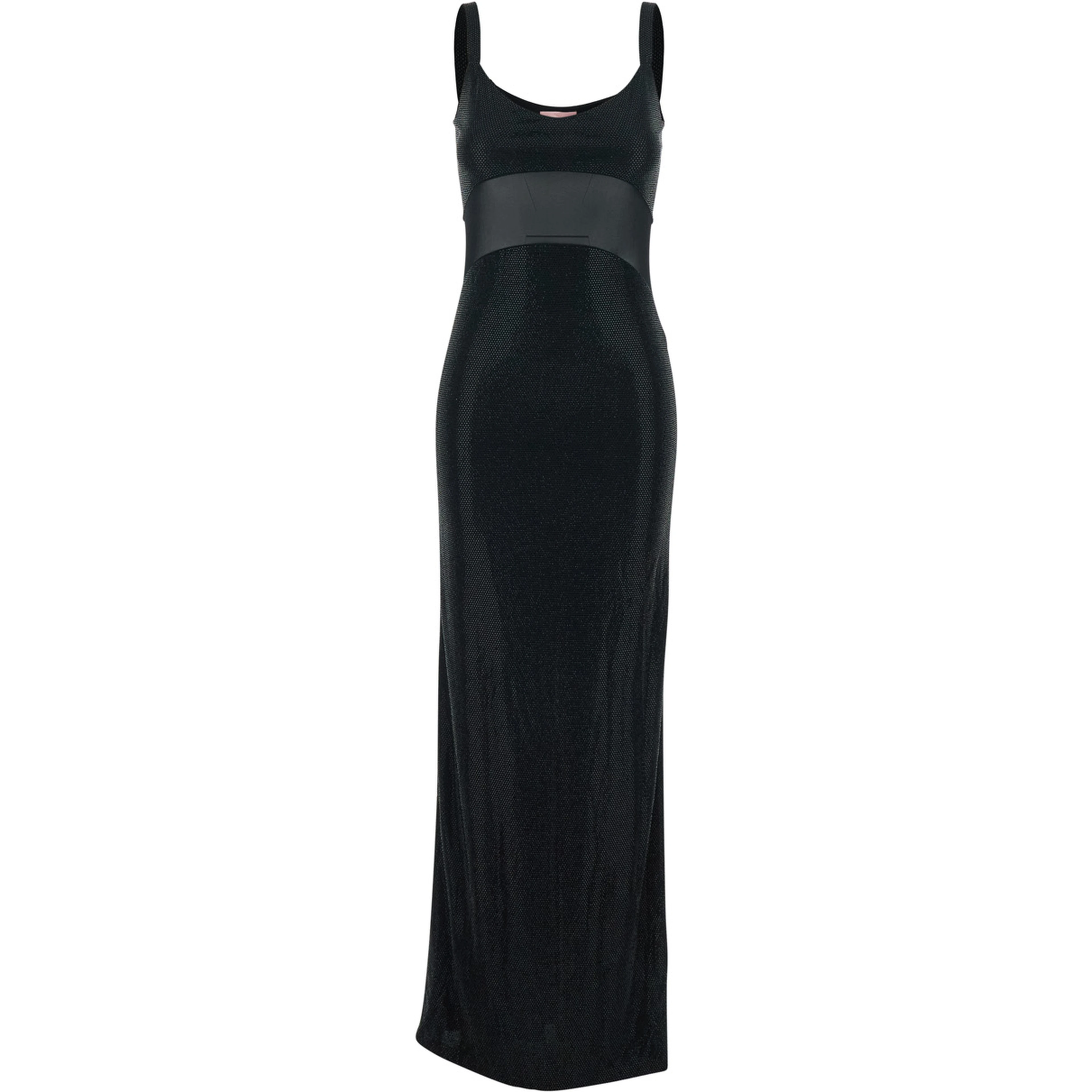 Long Anse Dress with Thin Straps and Applied Rhinestones in Black Tech Fabric