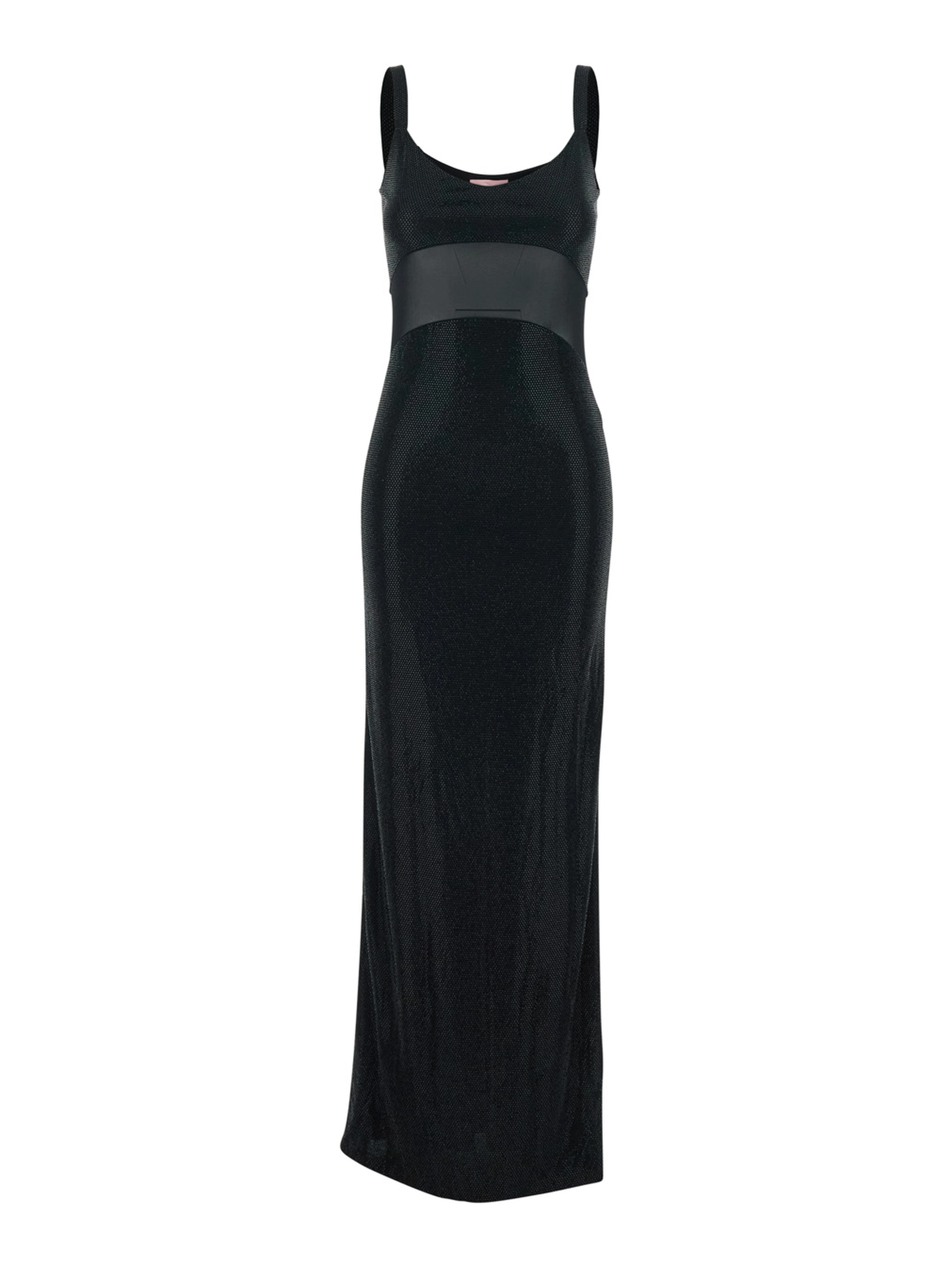 Long Anse Dress with Thin Straps and Applied Rhinestones in Black Tech Fabric