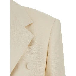 White Double-breasted Suit with Notched Revers in Linen for Women