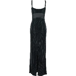 Long Anse Dress with Thin Straps and Applied Rhinestones in Black Tech Fabric