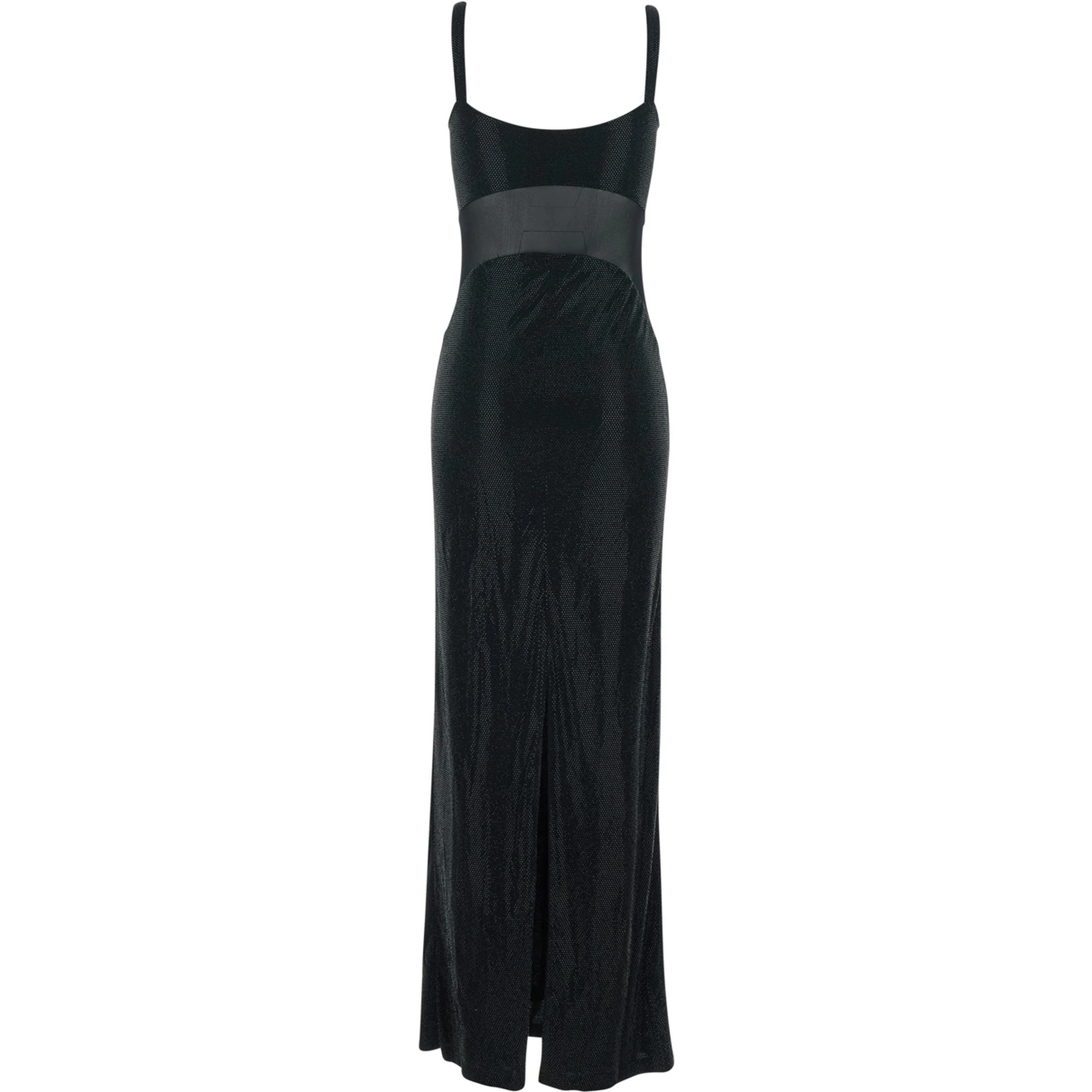 Long Anse Dress with Thin Straps and Applied Rhinestones in Black Tech Fabric