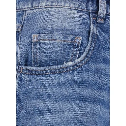 Blue five-pocket jeans with logo patch on the back in denim for women