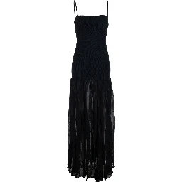 Black Long Dress with Square Neckline and Thin Straps in Tech Fabric for Women