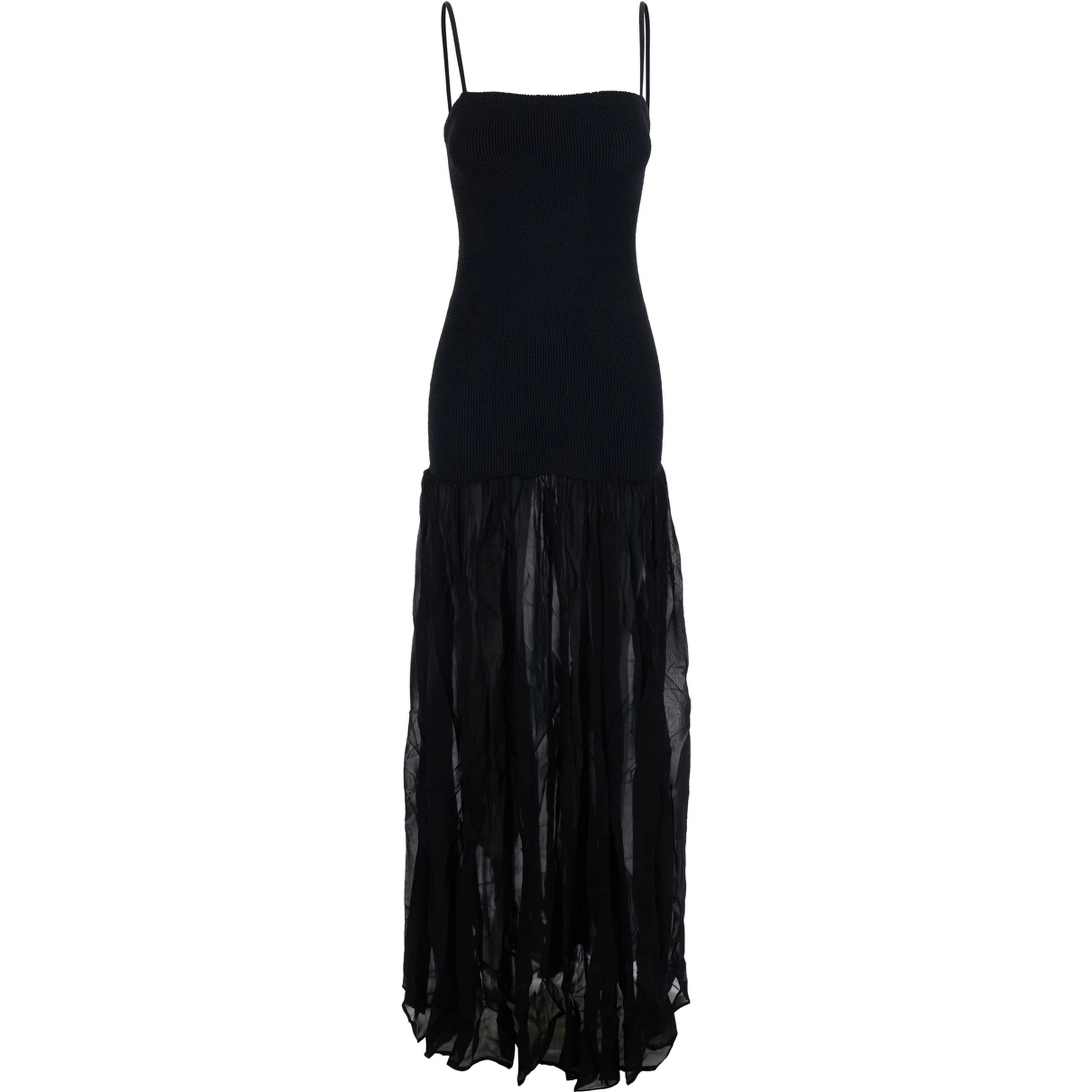 Black Long Dress with Square Neckline and Thin Straps in Tech Fabric for Women