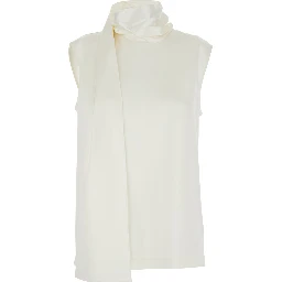 White Sleeveless Top with Scarf Detail with Buttons in Stretch Silk for Women
