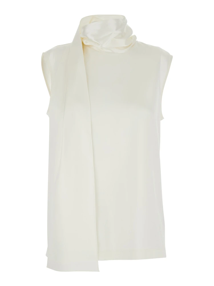 White Sleeveless Top with Scarf Detail with Buttons in Stretch Silk for Women