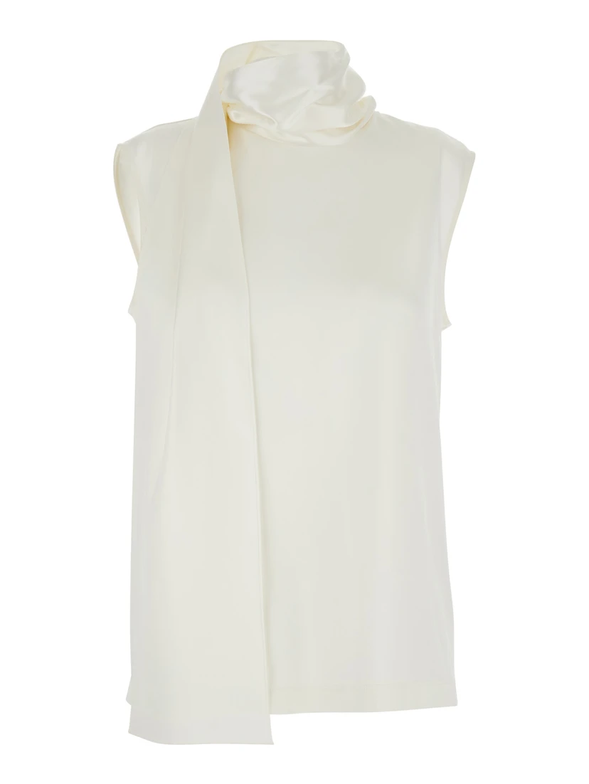 White Sleeveless Top with Scarf Detail with Buttons in Stretch Silk for Women