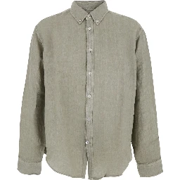 Beige Shirt with Button-Down Collar in Linen for Men