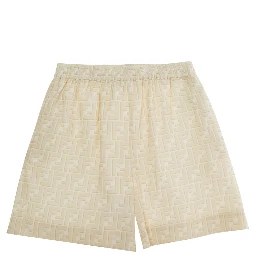 Yellow Shorts with elasticated waist and all-over FF embroidery in linen Boy