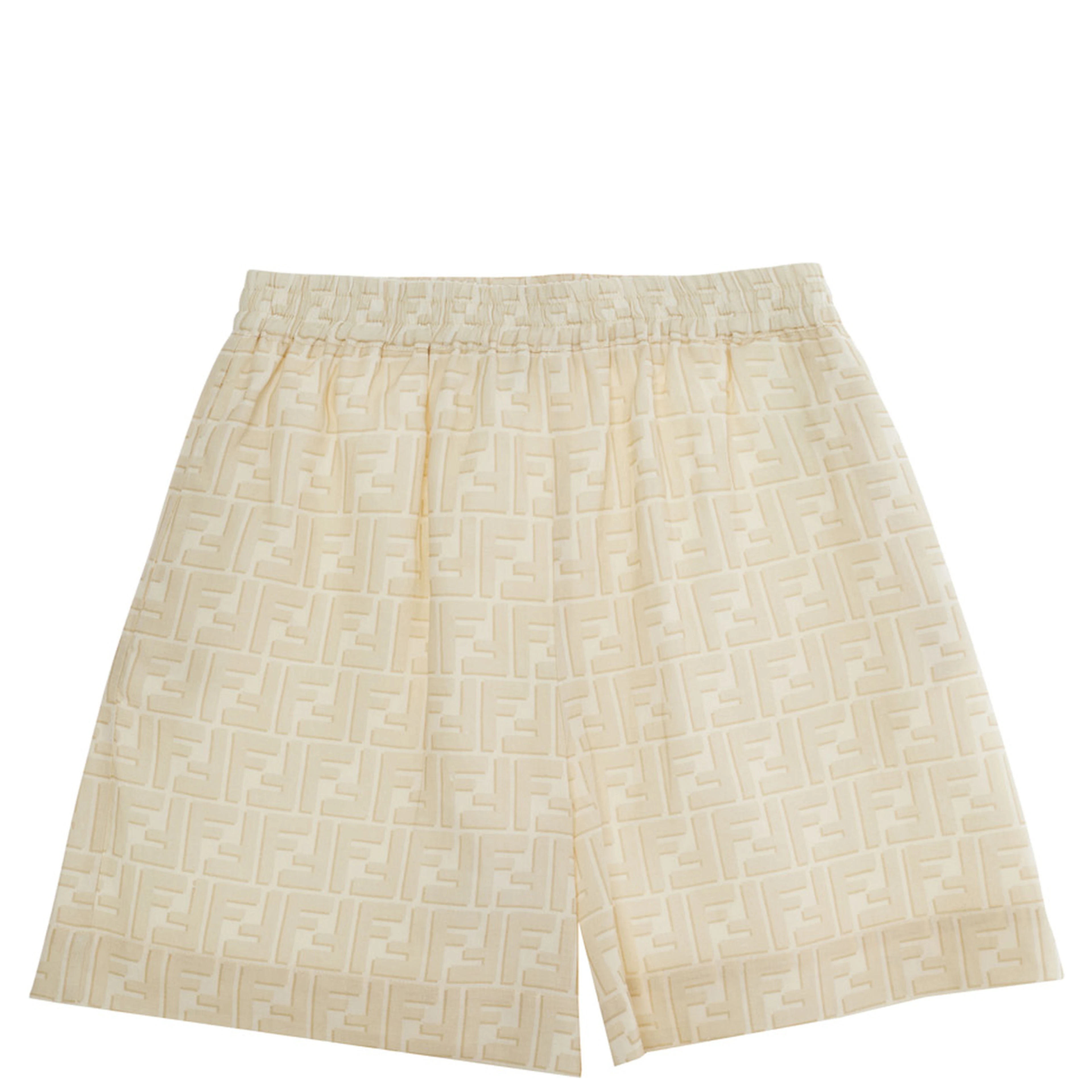 Yellow Shorts with elasticated waist and all-over FF embroidery in linen Boy