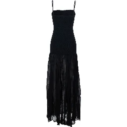 Black Long Dress with Square Neckline and Thin Straps in Tech Fabric for Women