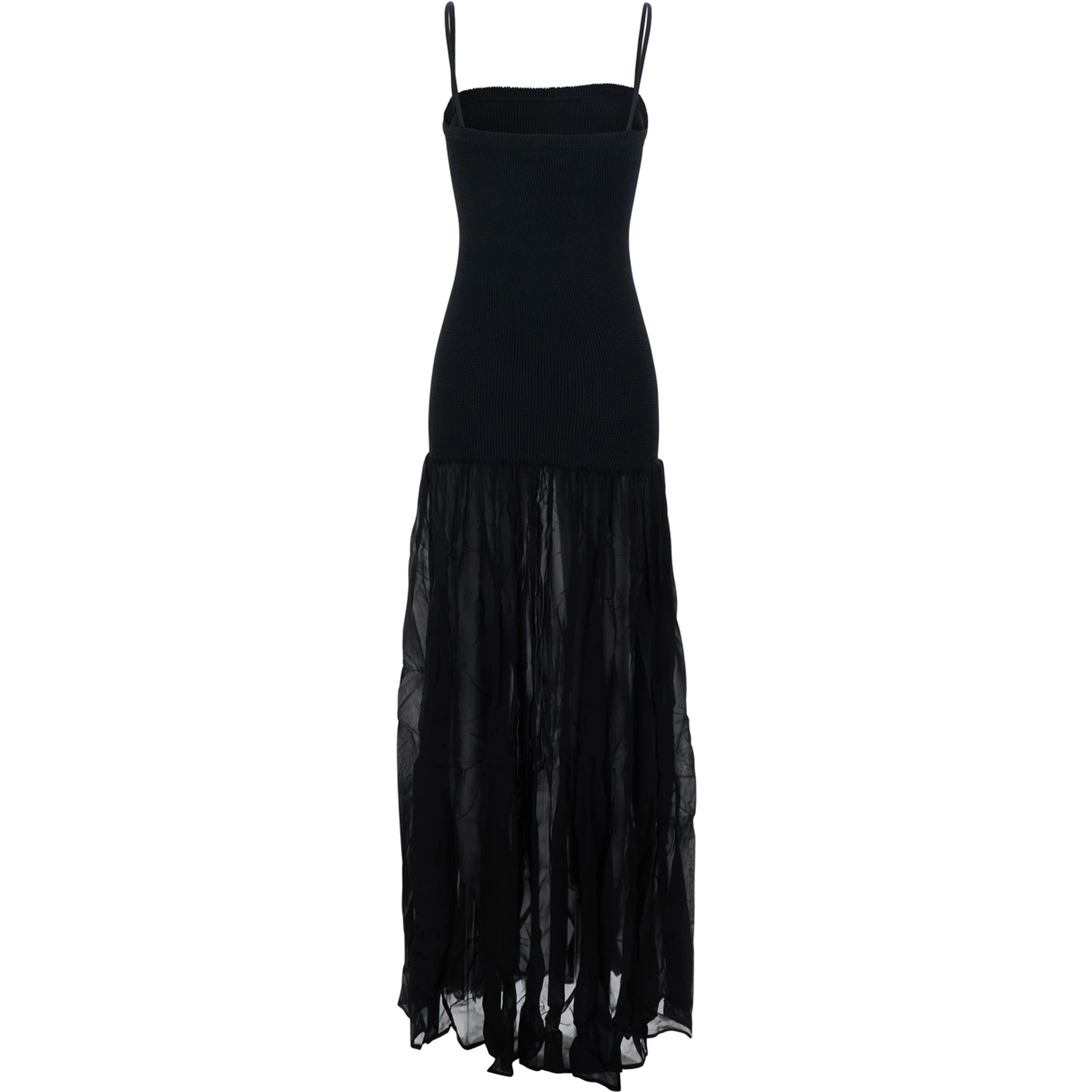 Black Long Dress with Square Neckline and Thin Straps in Tech Fabric for Women