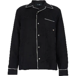 Black Long-Sleeved Shirt with Cuban Collar and Tone-on-Tone Floral Embroidery in Viscose for Men
