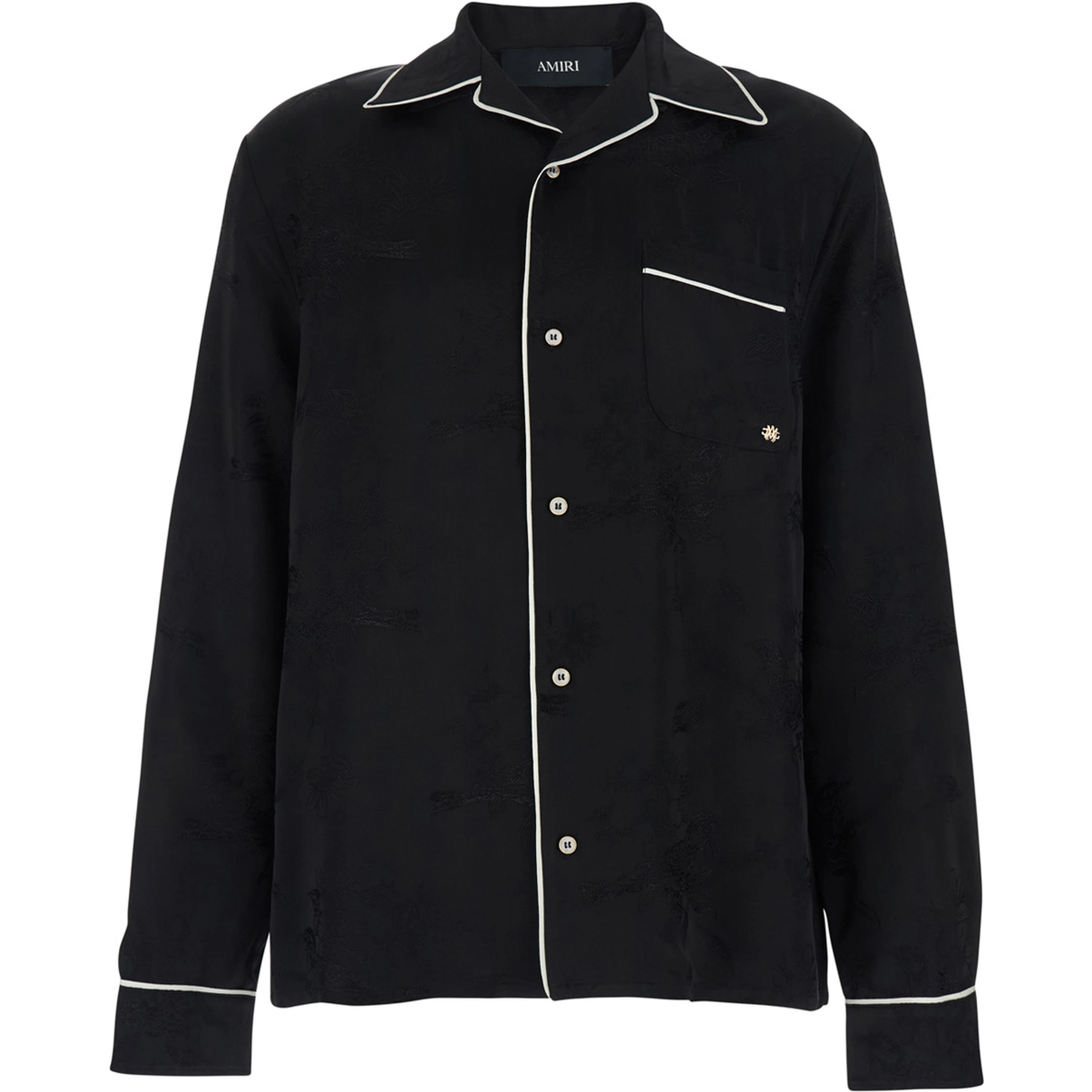 Black Long-Sleeved Shirt with Cuban Collar and Tone-on-Tone Floral Embroidery in Viscose for Men