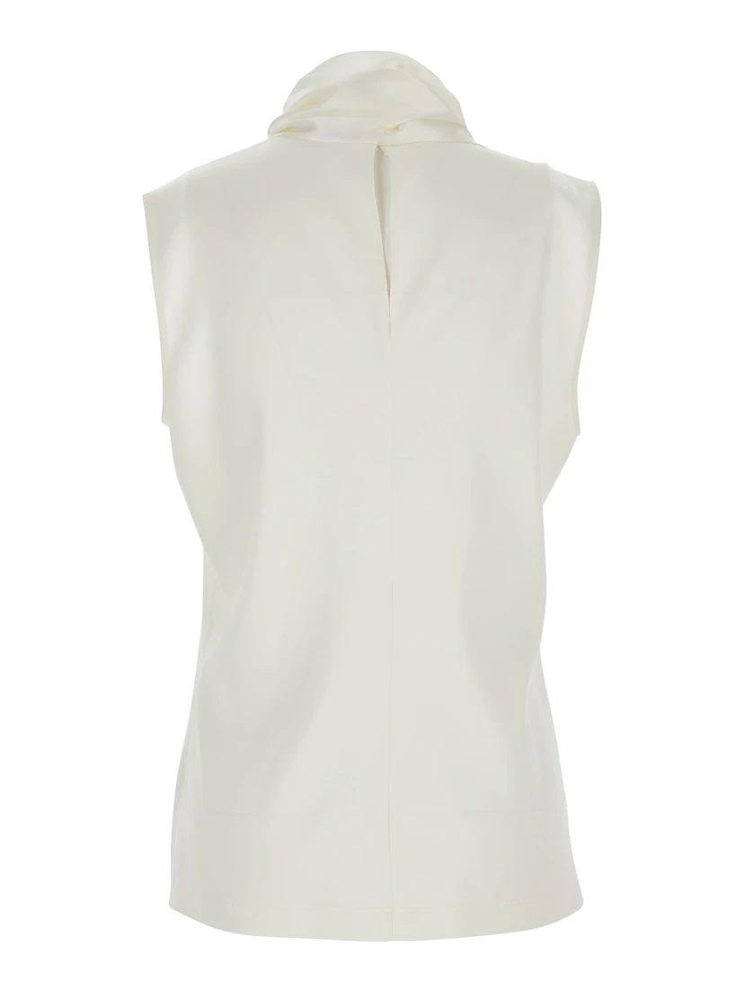 White Sleeveless Top with Scarf Detail with Buttons in Stretch Silk for Women