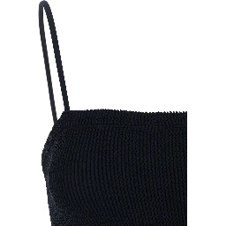 Black Long Dress with Square Neckline and Thin Straps in Tech Fabric for Women