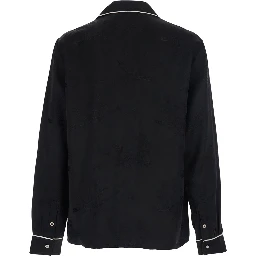 Black Long-Sleeved Shirt with Cuban Collar and Tone-on-Tone Floral Embroidery in Viscose for Men