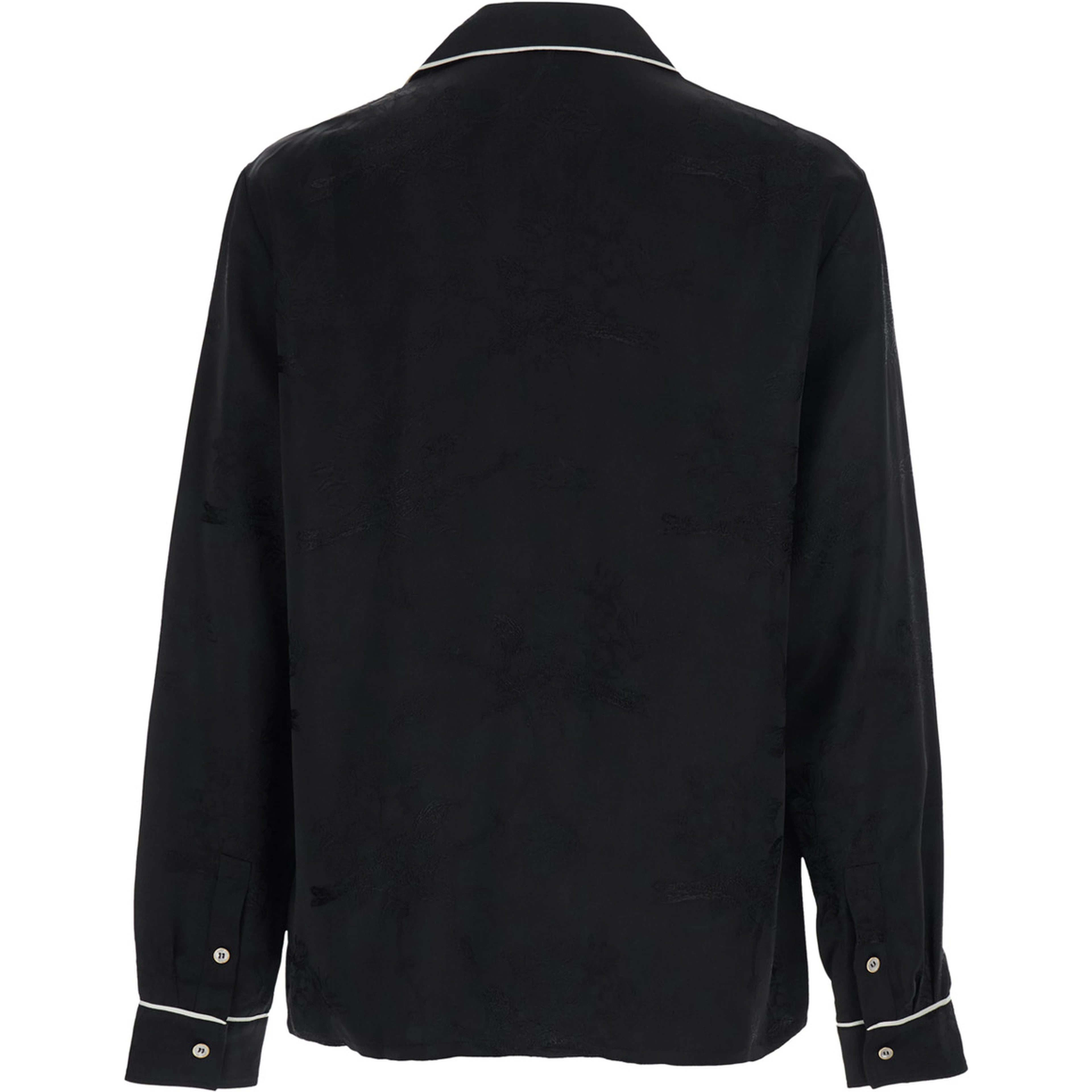 Black Long-Sleeved Shirt with Cuban Collar and Tone-on-Tone Floral Embroidery in Viscose for Men