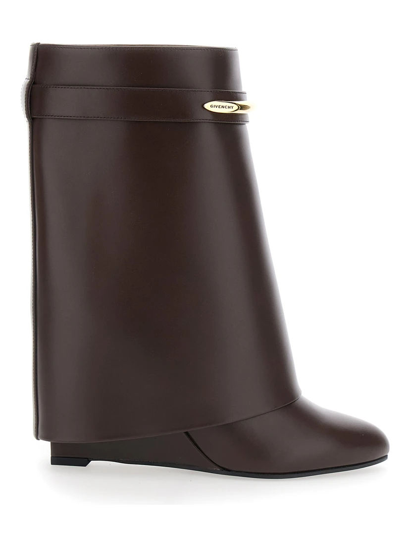 Brown Wedge Heel Ankle Boots with Logo Plate on the Side in Leather for Women