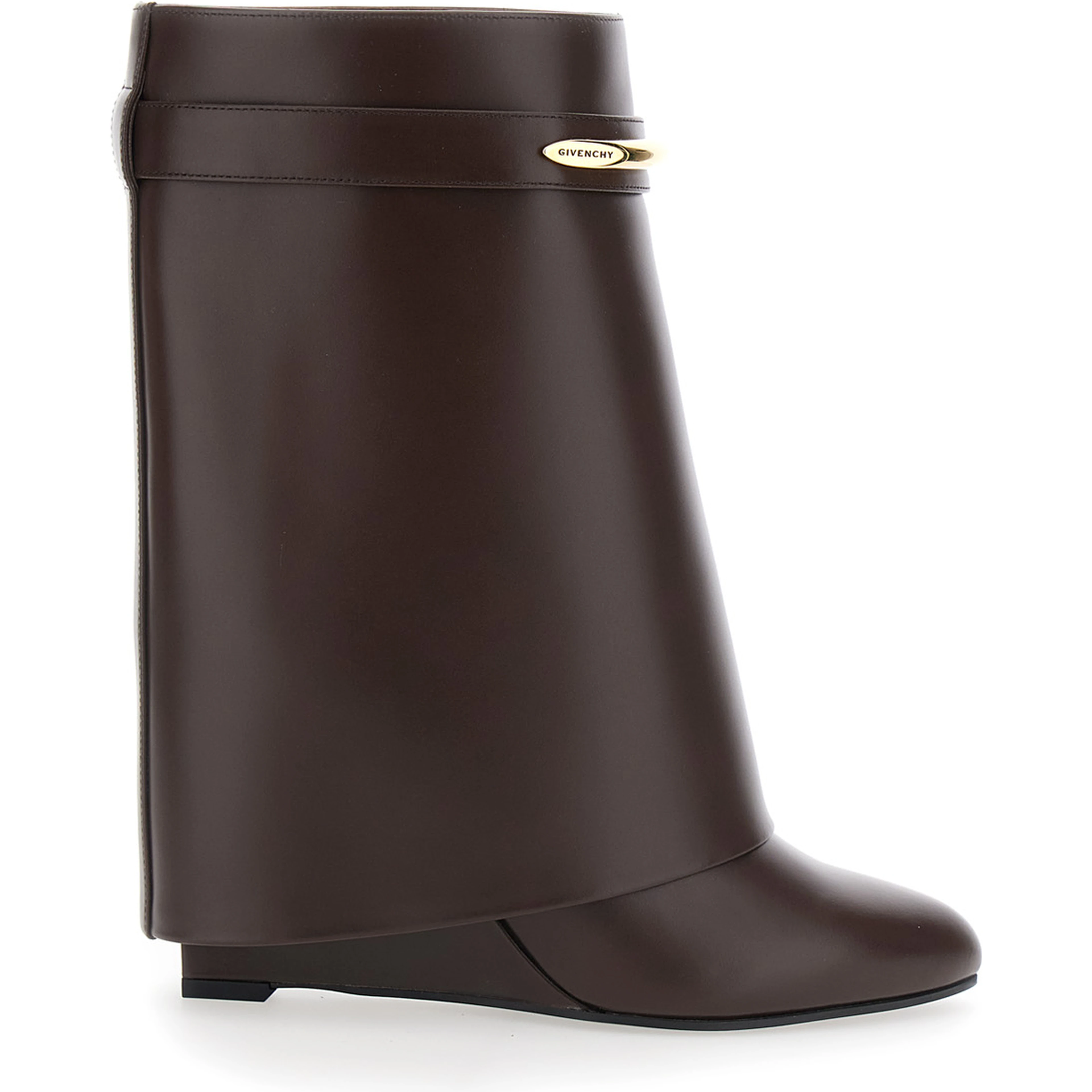 Brown Wedge Heel Ankle Boots with Logo Plate on the Side in Leather for Women