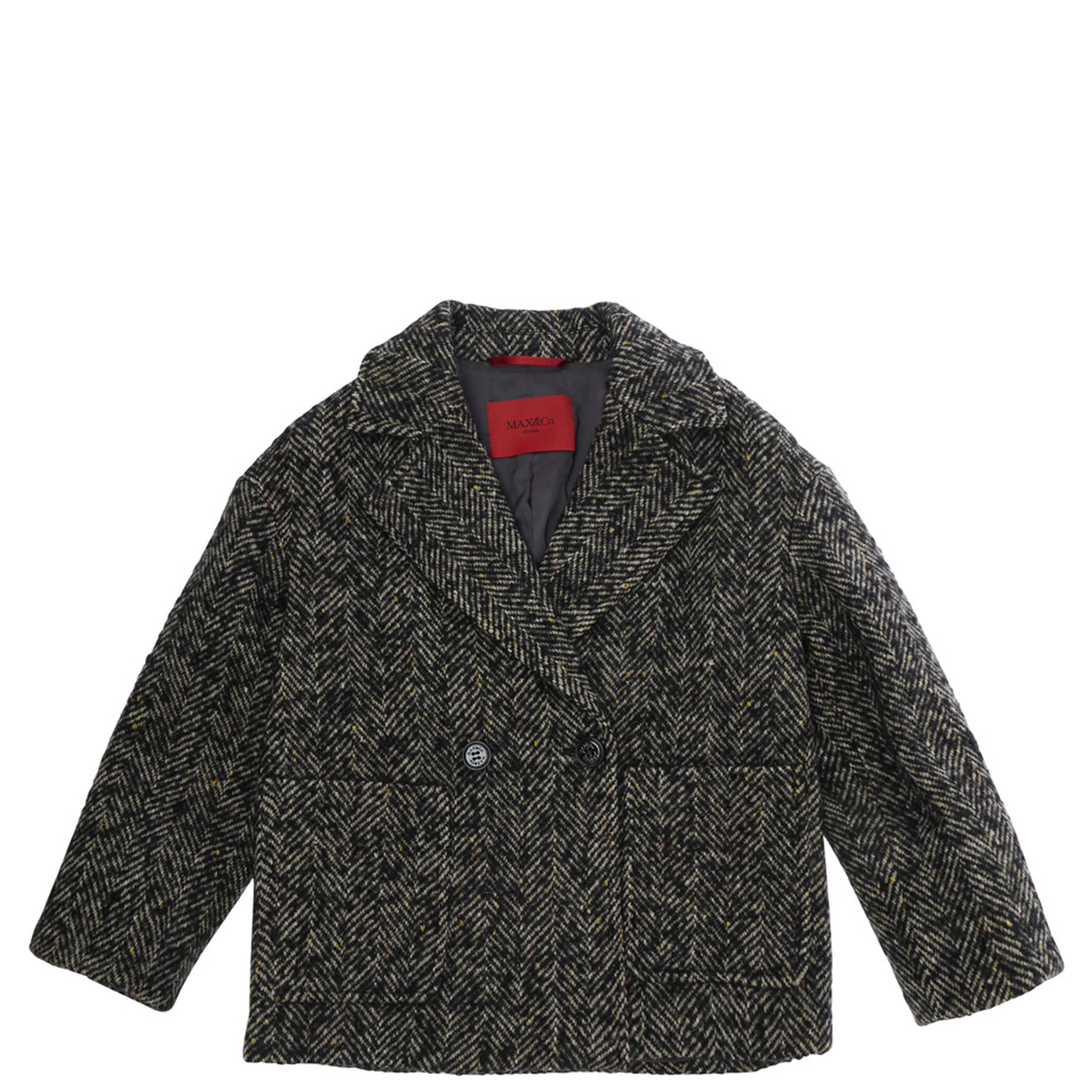 Coat with collar and long sleeves in black wool and polyester for girl