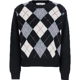 UNISEX ARGYLE CREW NECK SWEATER with round collar, 100% wool, black color, unisex