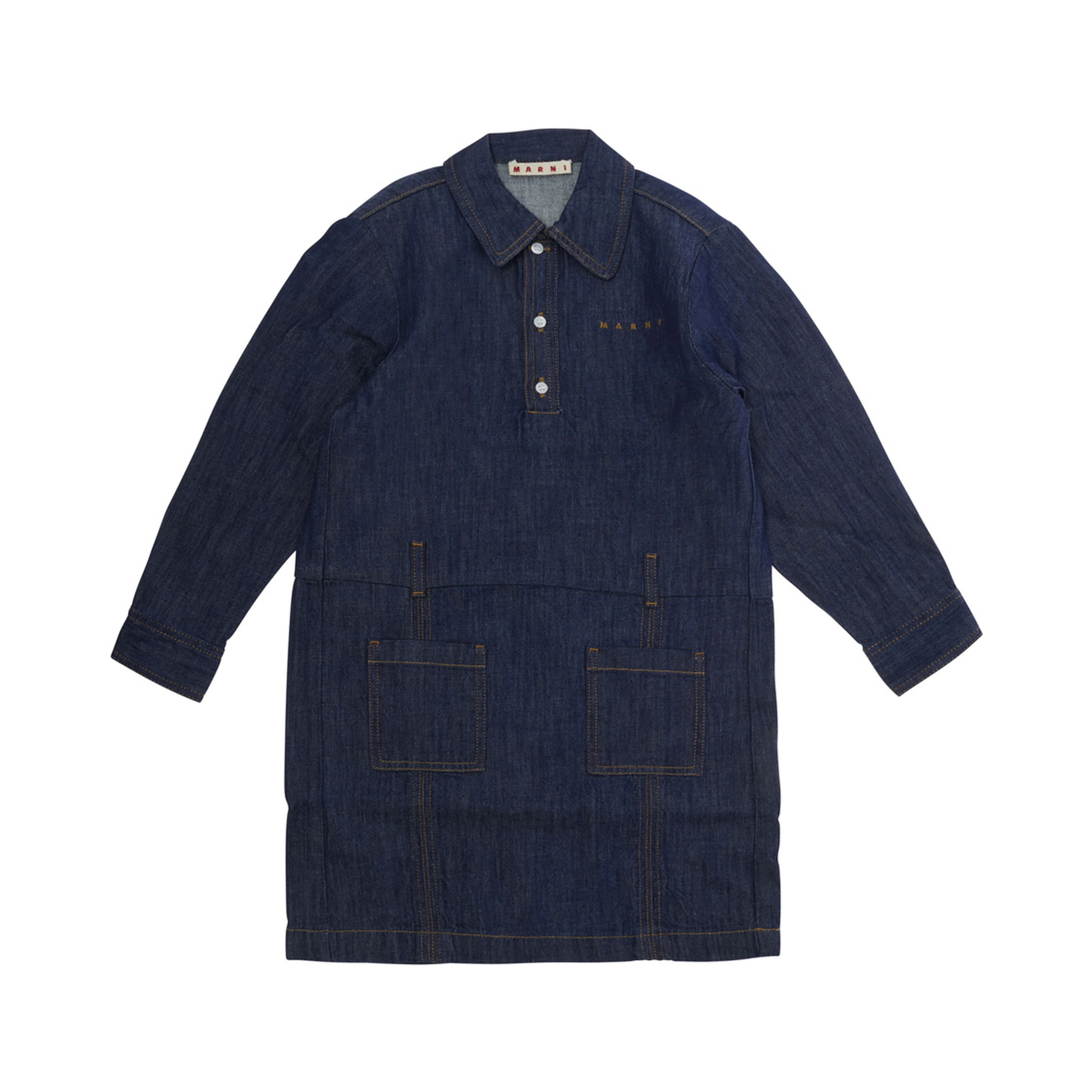 Blue Dress with classic collar and logo lettering on the front in denim Girl