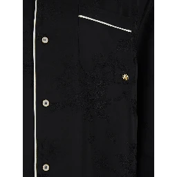 Black Long-Sleeved Shirt with Cuban Collar and Tone-on-Tone Floral Embroidery in Viscose for Men