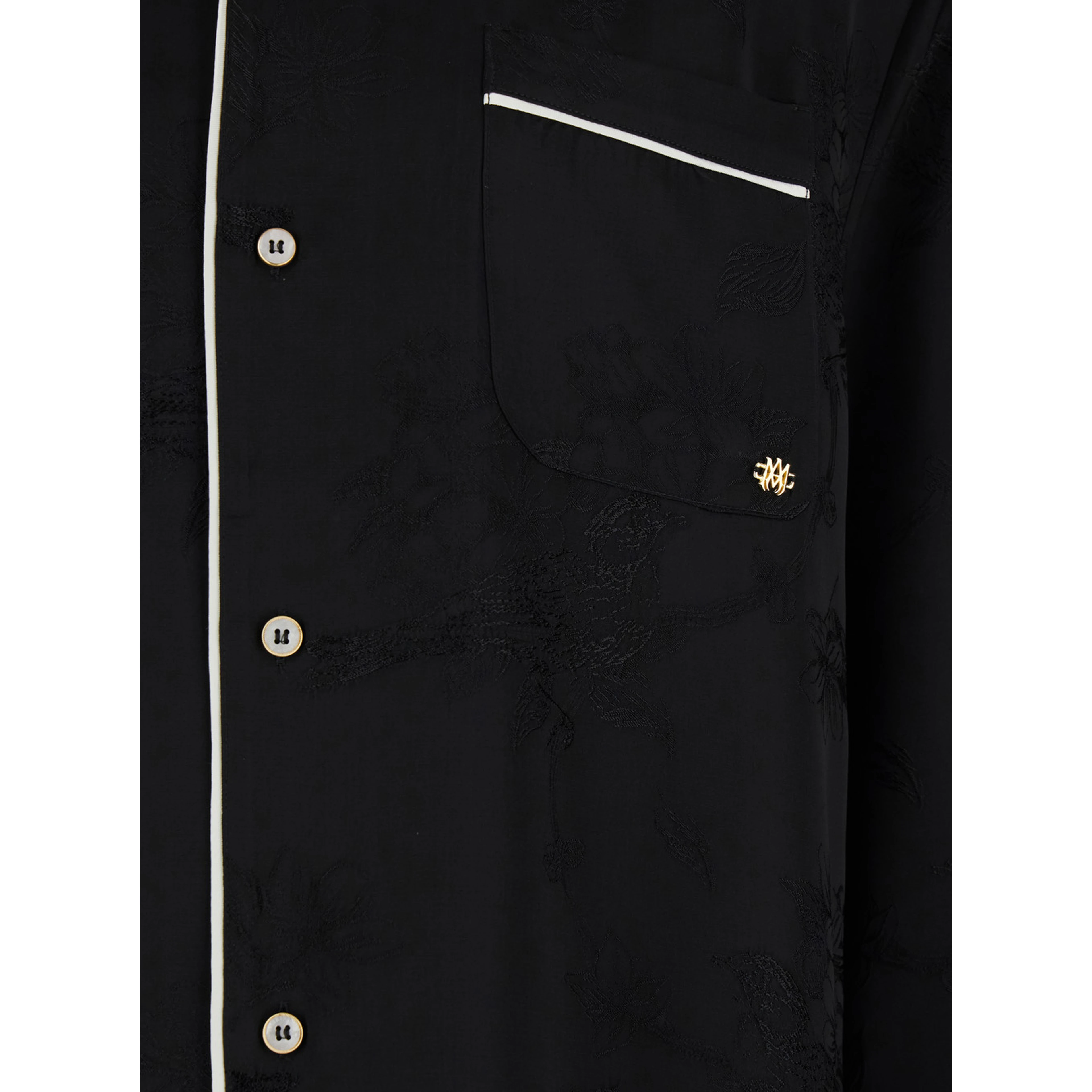 Black Long-Sleeved Shirt with Cuban Collar and Tone-on-Tone Floral Embroidery in Viscose for Men