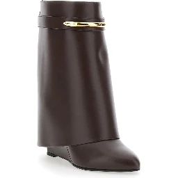 Brown Wedge Heel Ankle Boots with Logo Plate on the Side in Leather for Women
