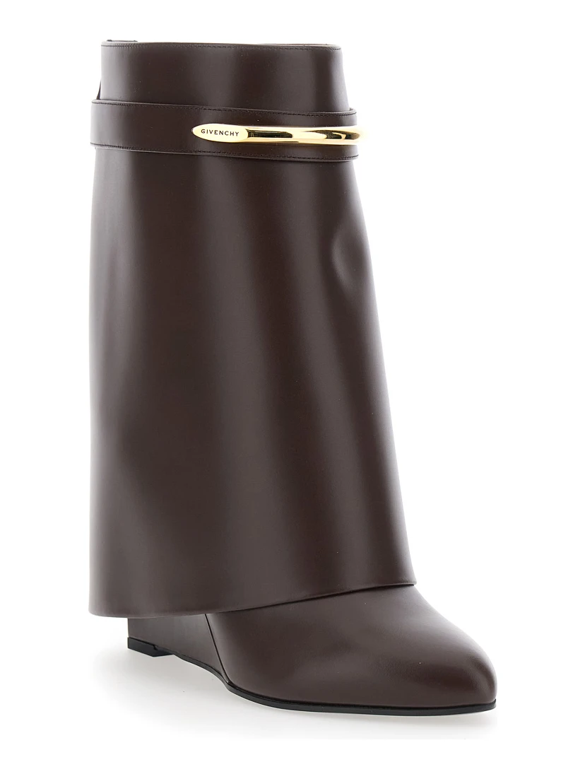 Brown Wedge Heel Ankle Boots with Logo Plate on the Side in Leather for Women