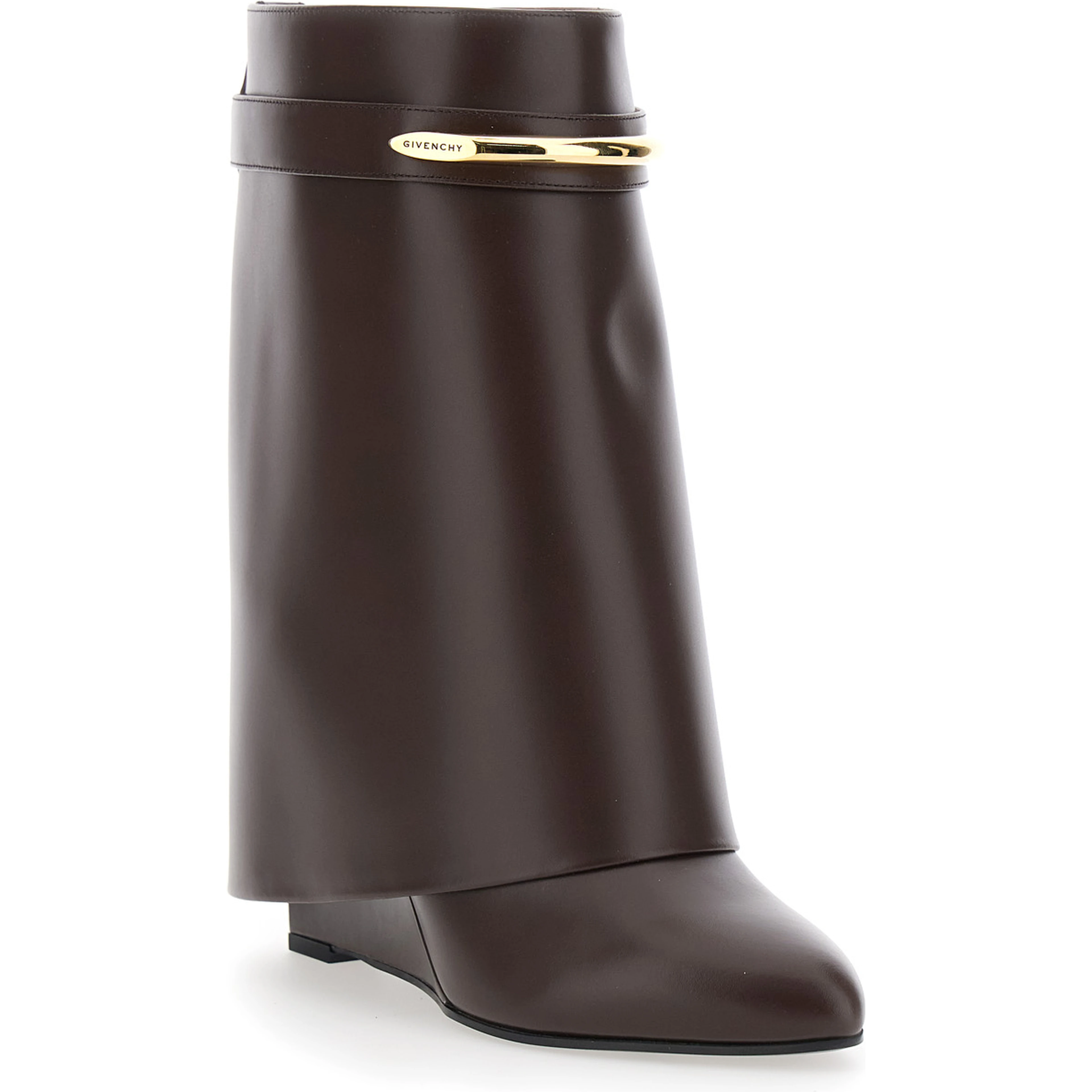 Brown Wedge Heel Ankle Boots with Logo Plate on the Side in Leather for Women