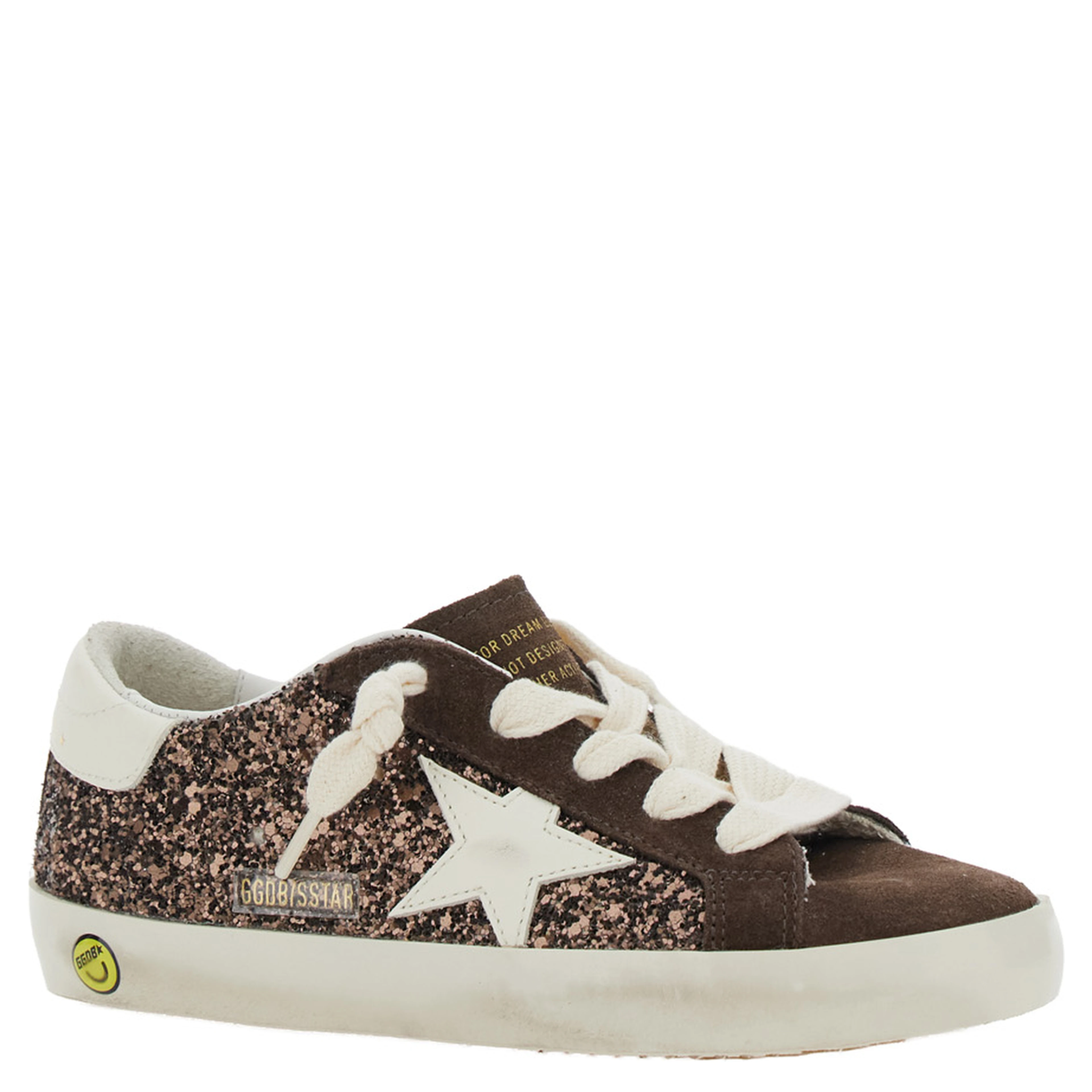 Superstar Brown Low Top Sneakers with Star Patch on the Side and All-Over Glitter in Leather Girl