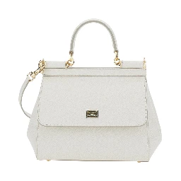 Handbag Sicily Piccola with Adjustable and Removable Shoulder Strap and Logo Plate on Front in Grained White Leather for Women