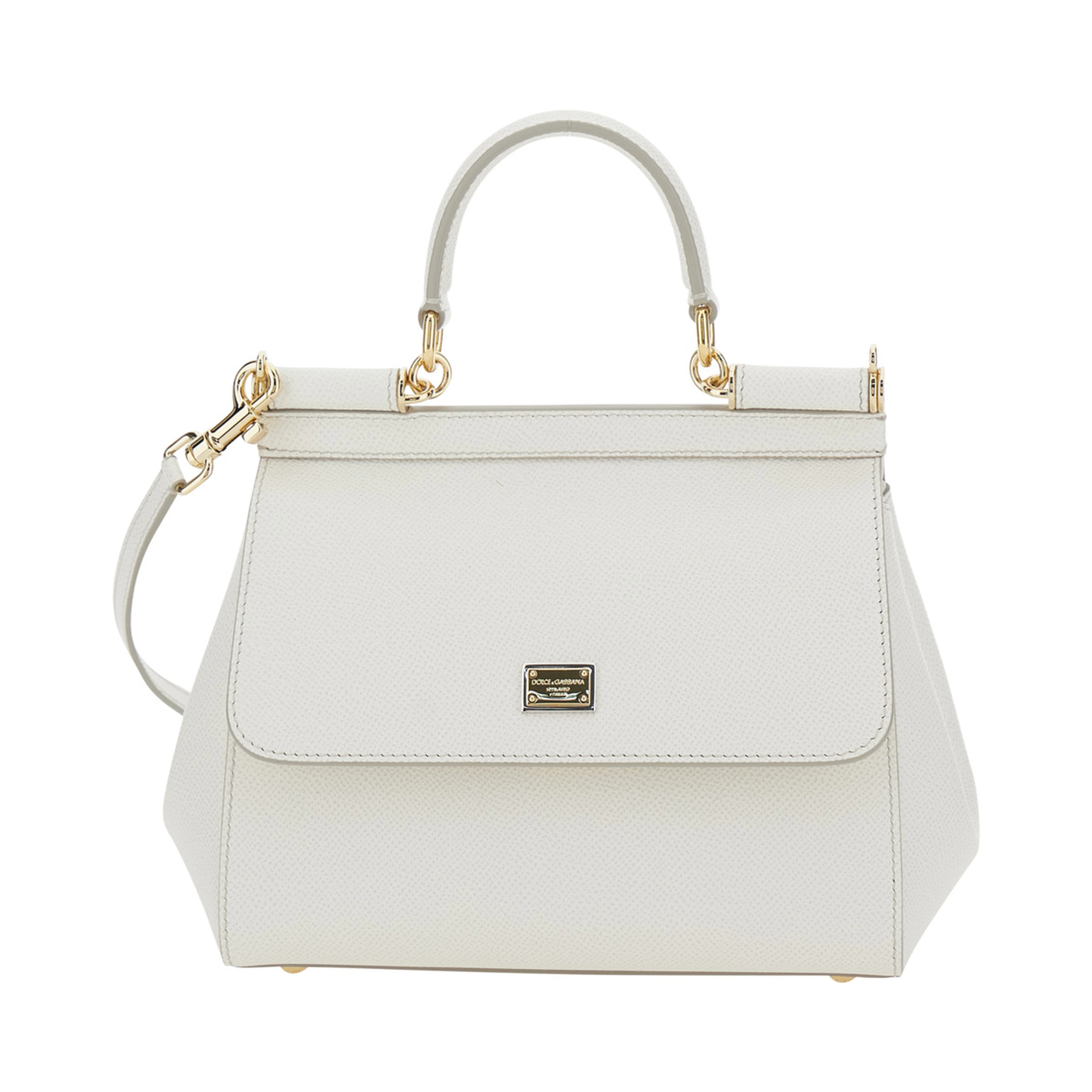 Handbag Sicily Piccola with Adjustable and Removable Shoulder Strap and Logo Plate on Front in Grained White Leather for Women