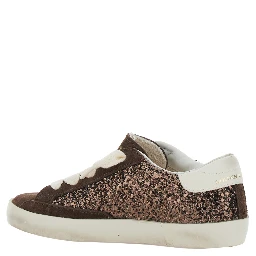Superstar Brown Low Top Sneakers with Star Patch on the Side and All-Over Glitter in Leather Girl