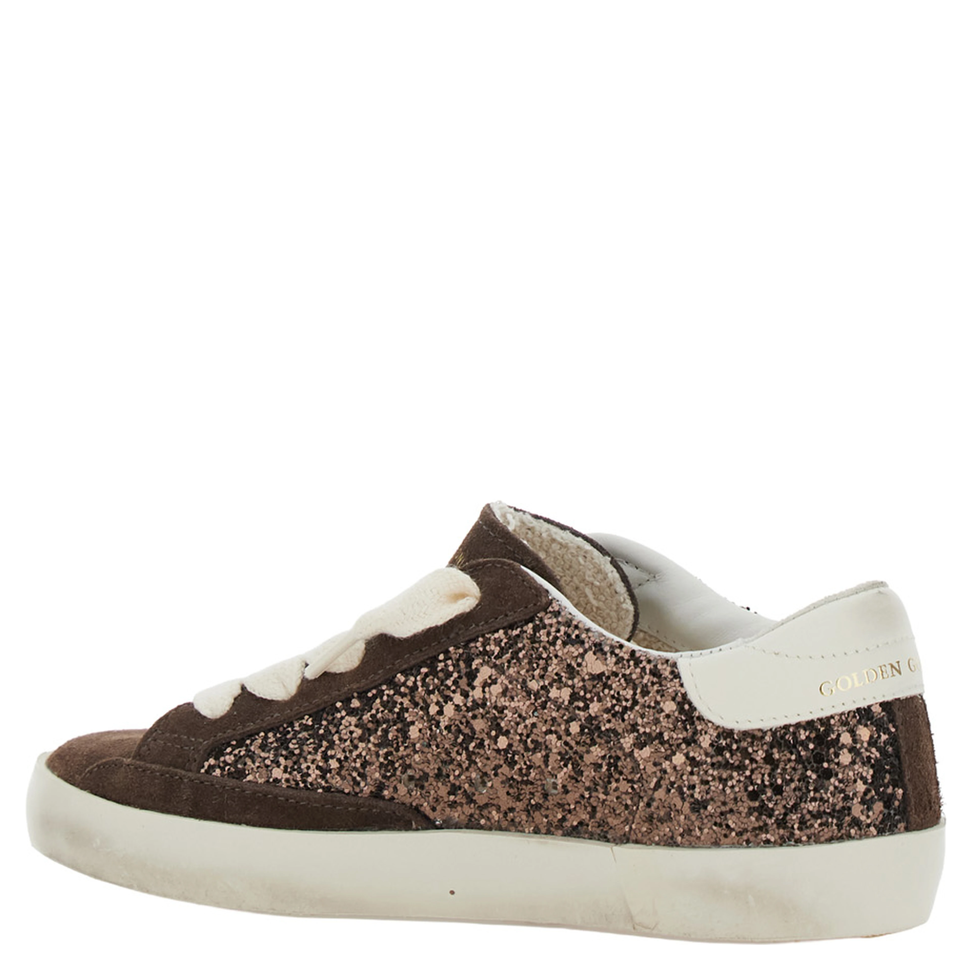 Superstar Brown Low Top Sneakers with Star Patch on the Side and All-Over Glitter in Leather Girl