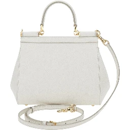 Handbag Sicily Piccola with Adjustable and Removable Shoulder Strap and Logo Plate on Front in Grained White Leather for Women