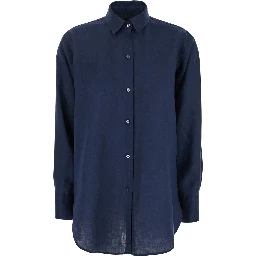 Blue Shirt with Classic Collar and Long Sleeves in Linen for Women
